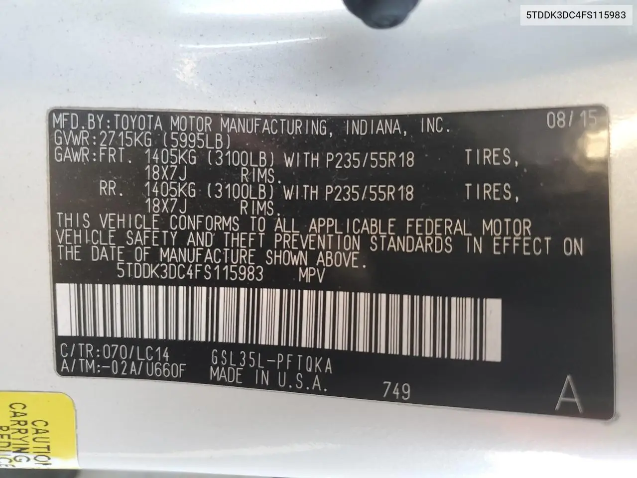 5TDDK3DC4FS115983 2015 Toyota Sienna Xle