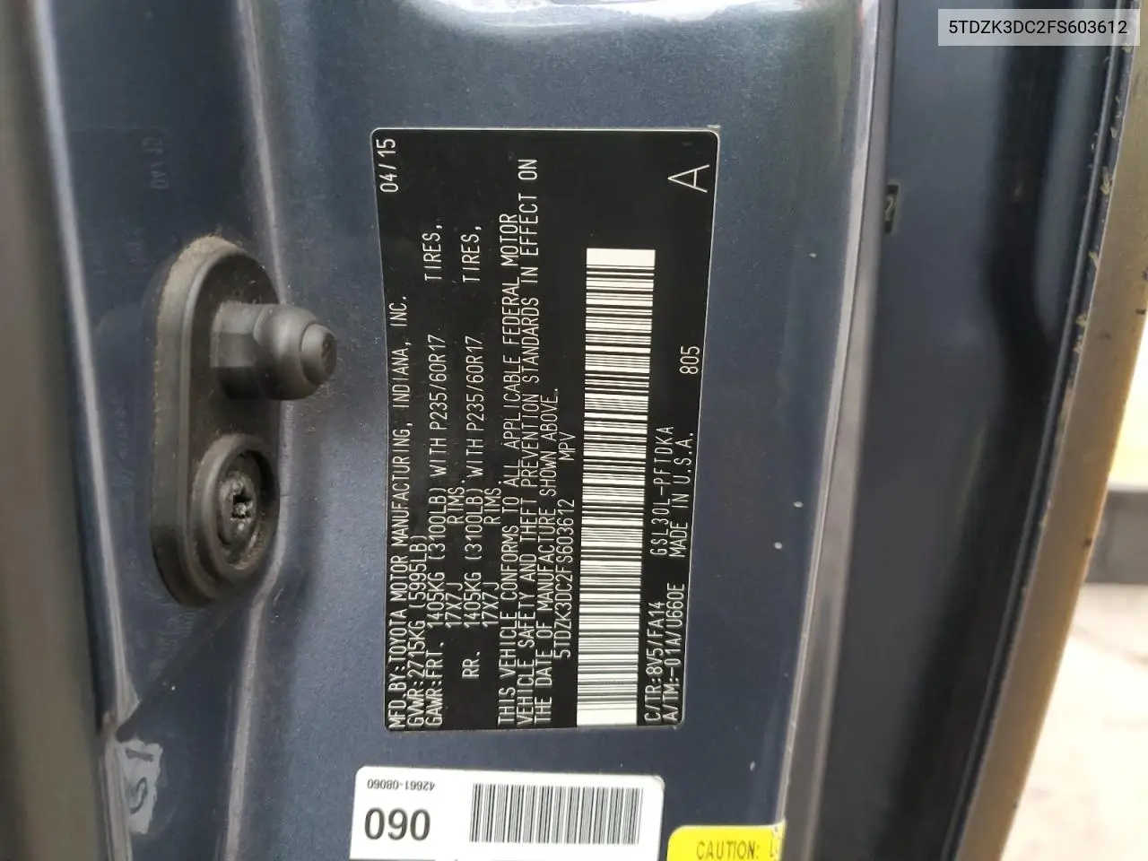 5TDZK3DC2FS603612 2015 Toyota Sienna