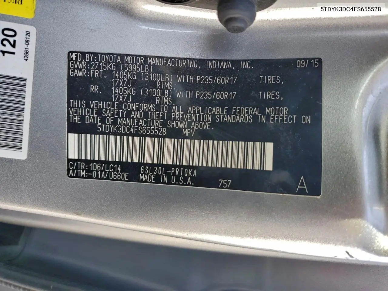 5TDYK3DC4FS655528 2015 Toyota Sienna Xle