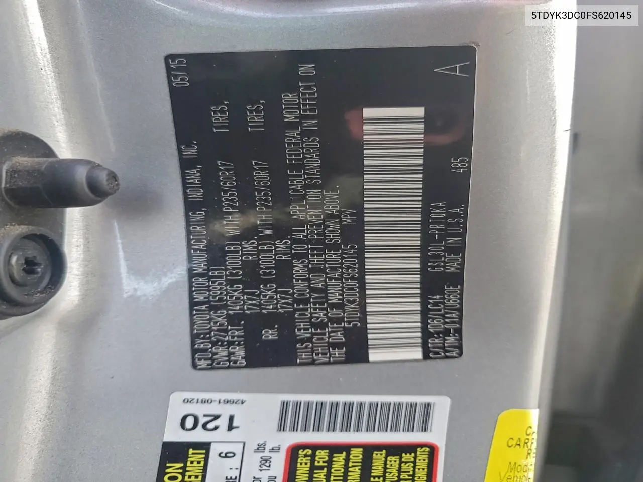 5TDYK3DC0FS620145 2015 Toyota Sienna Xle