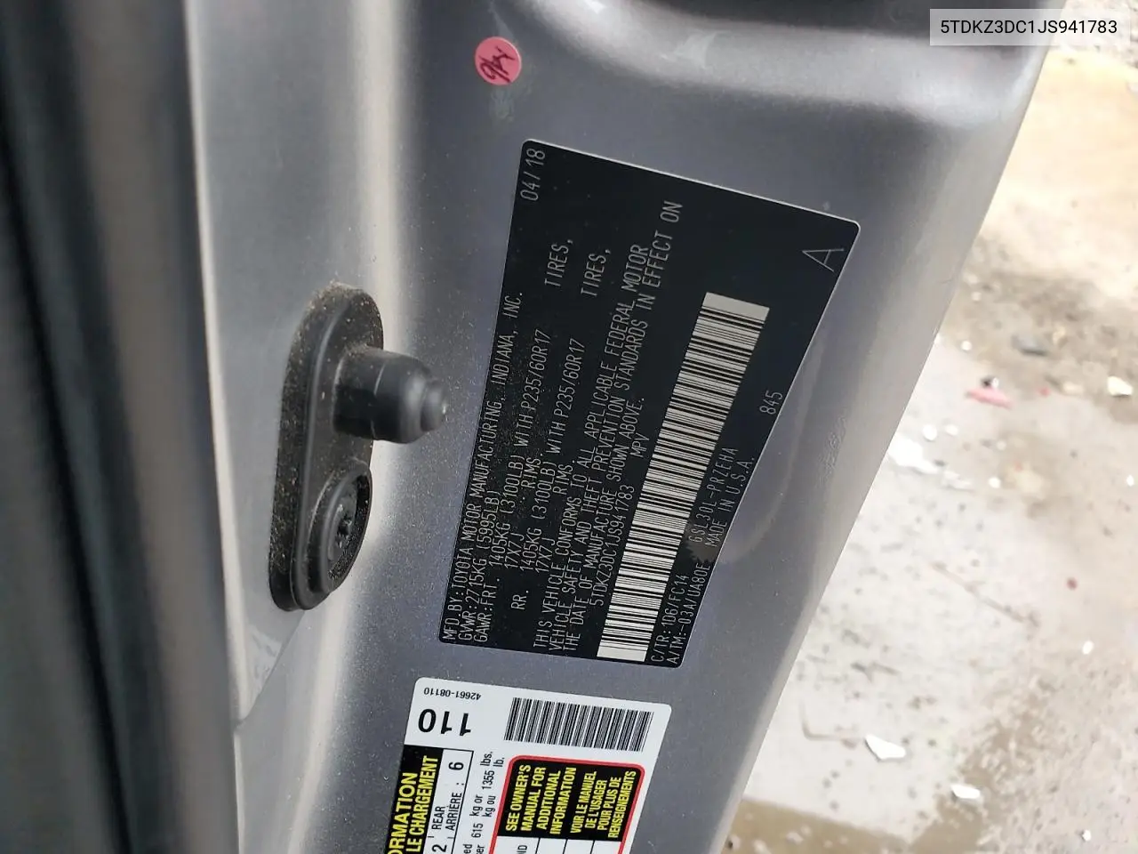5TDKZ3DC1JS941783 2018 Toyota Sienna Le