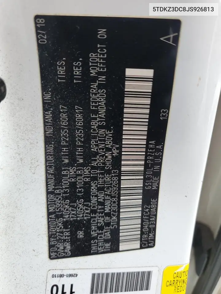 5TDKZ3DC8JS926813 2018 Toyota Sienna Le