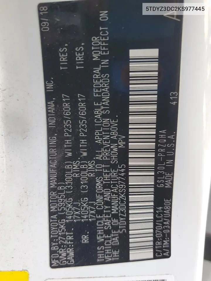 5TDYZ3DC2KS977445 2019 Toyota Sienna Xle