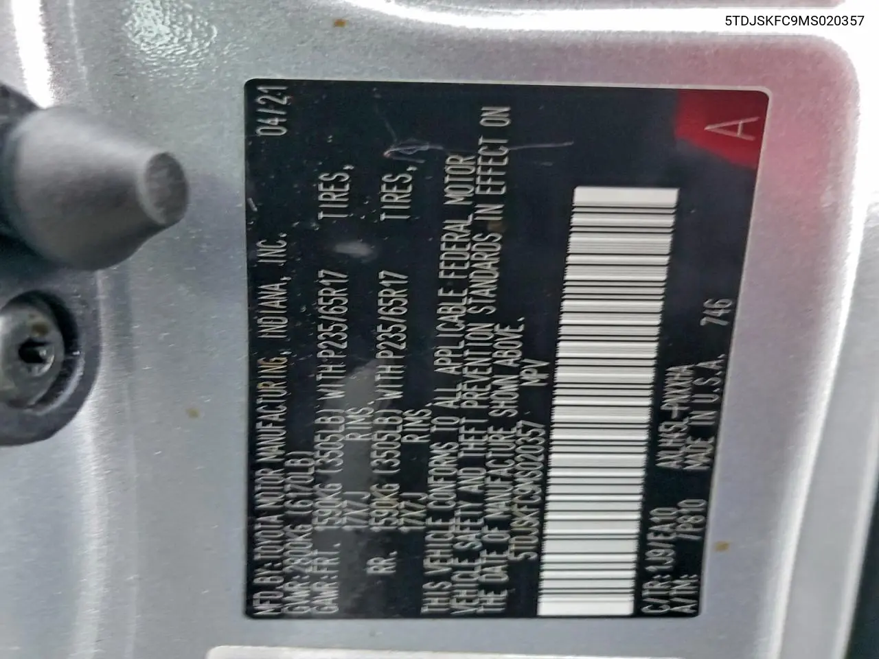 5TDJSKFC9MS020357 2021 Toyota Sienna Xle