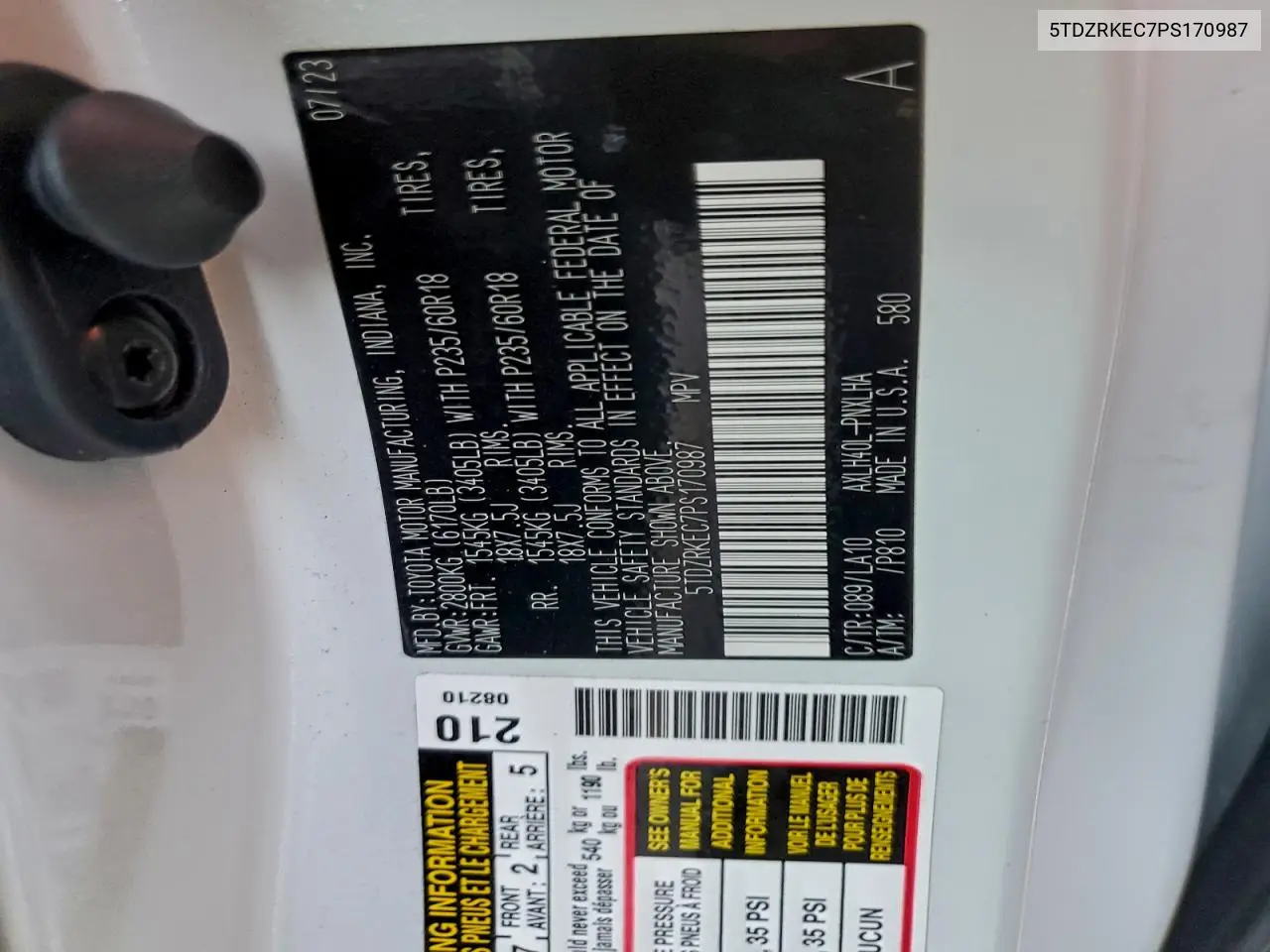 5TDZRKEC7PS170987 2023 Toyota Sienna Limited