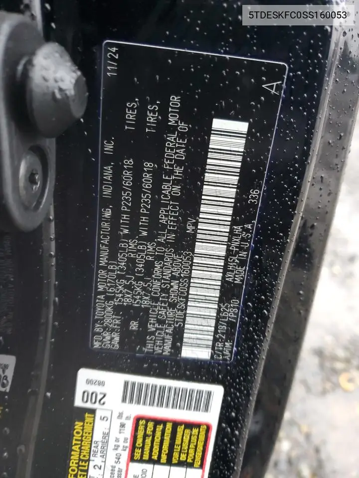 5TDESKFC0SS160053 2025 Toyota Sienna Limited