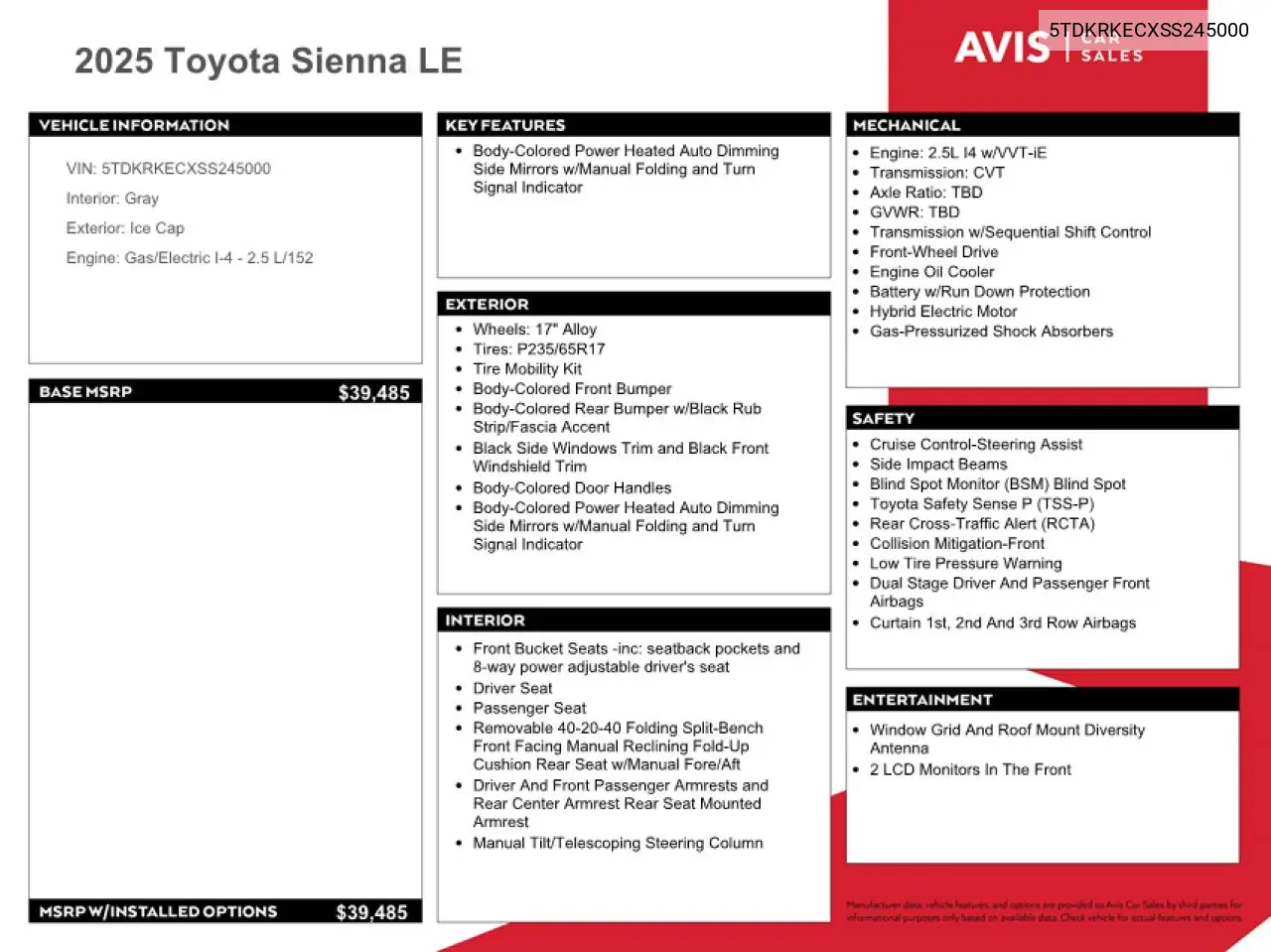 5TDKRKECXSS245000 2025 Toyota Sienna Le