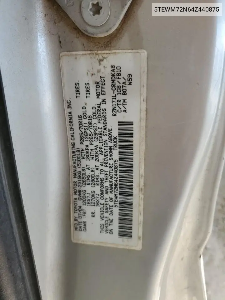 5TEWM72N64Z440875 2004 Toyota Tacoma Xtracab