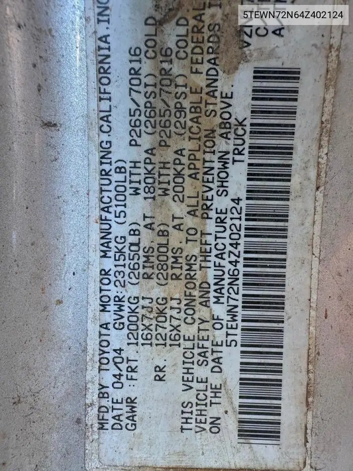 5TEWN72N64Z402124 2004 Toyota Tacoma Xtracab
