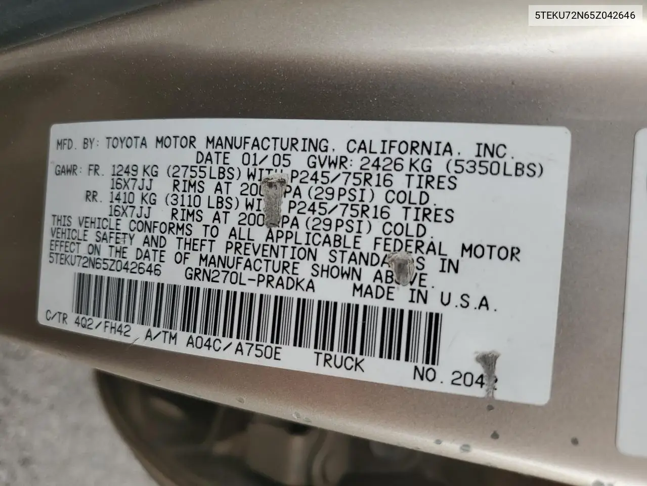 5TEKU72N65Z042646 2005 Toyota Tacoma Double Cab Prerunner Long Bed
