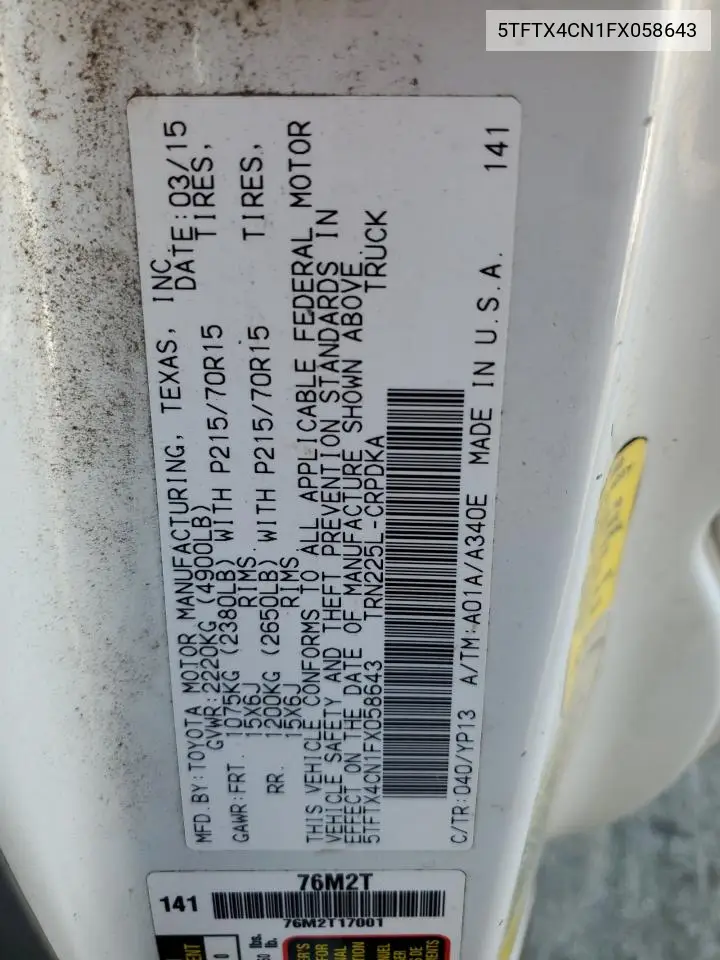 5TFTX4CN1FX058643 2015 Toyota Tacoma Access Cab