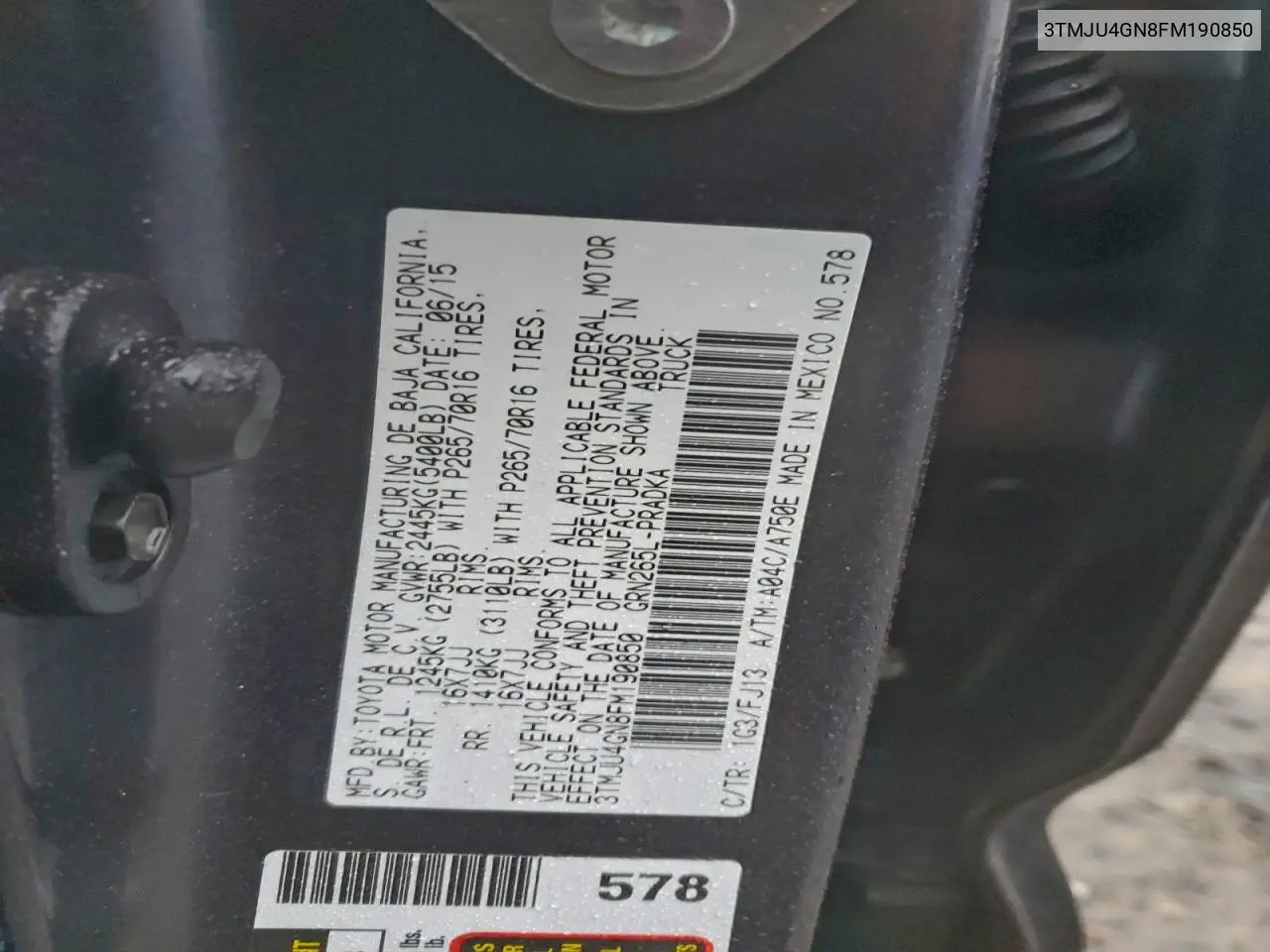 3TMJU4GN8FM190850 2015 Toyota Tacoma Double Cab Prerunner