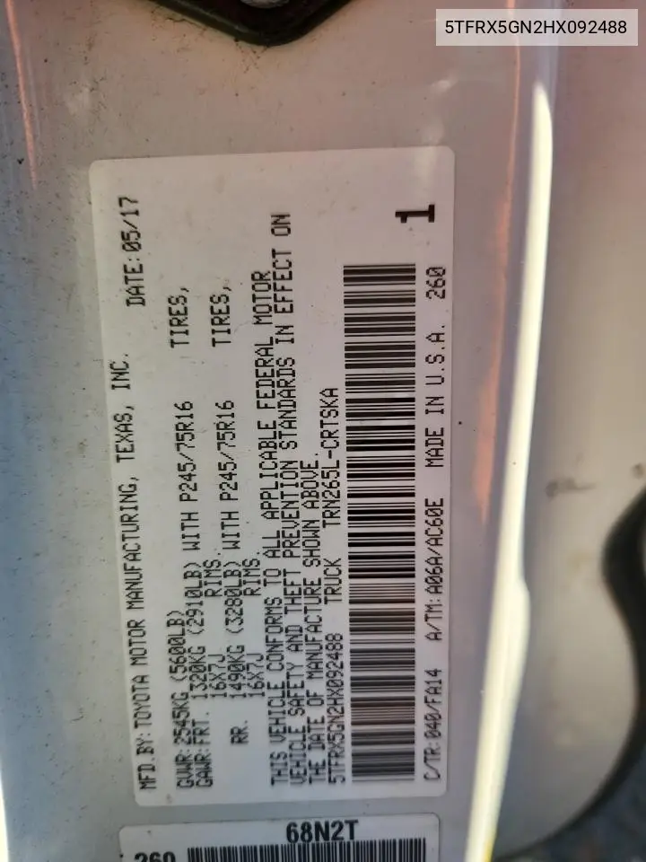5TFRX5GN2HX092488 2017 Toyota Tacoma Access Cab