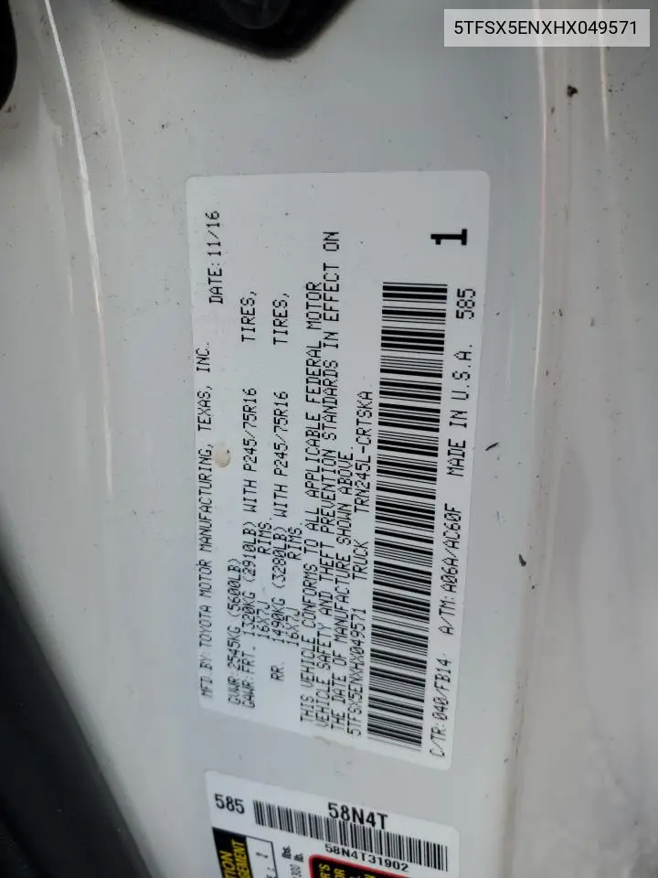 5TFSX5ENXHX049571 2017 Toyota Tacoma Access Cab
