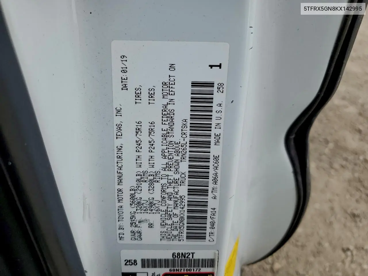 5TFRX5GN8KX142995 2019 Toyota Tacoma Access Cab