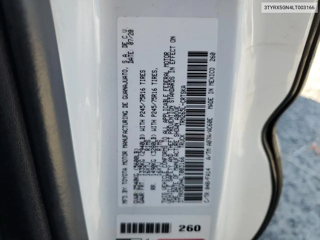 3TYRX5GN4LT003166 2020 Toyota Tacoma Access Cab
