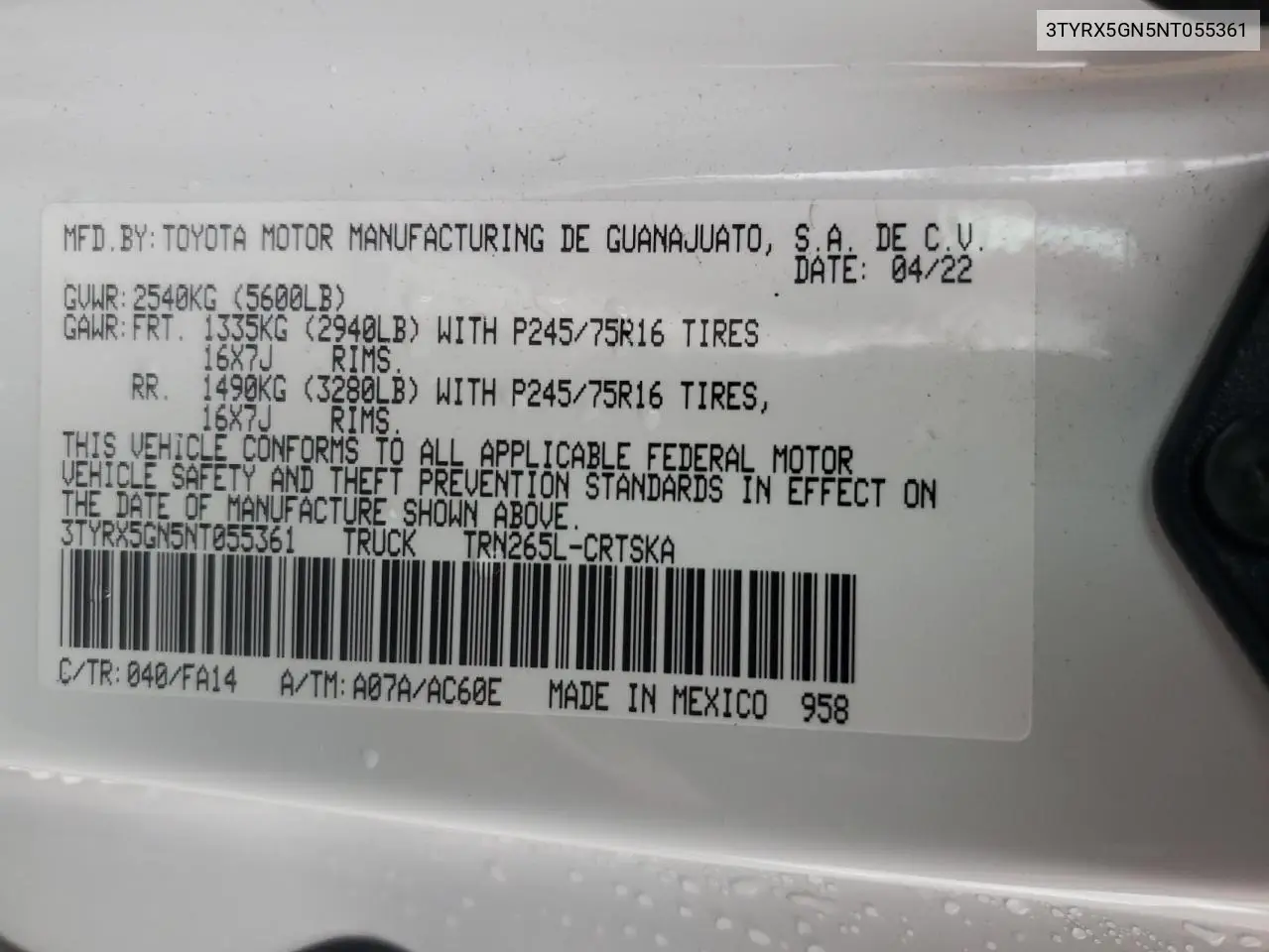 3TYRX5GN5NT055361 2022 Toyota Tacoma Access Cab