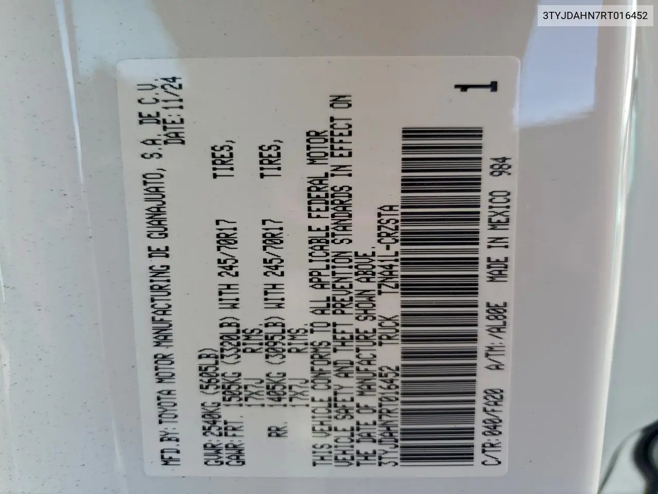 3TYJDAHN7RT016452 2024 Toyota Tacoma Xtracab