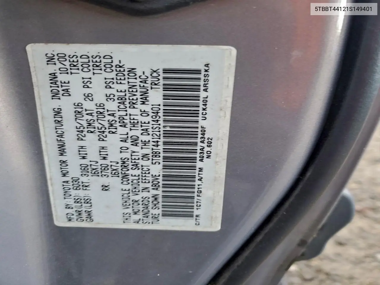 5TBBT44121S149401 2001 Toyota Tundra Access Cab