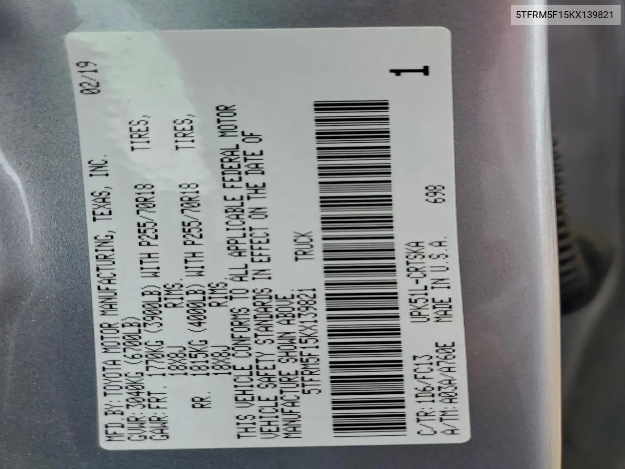 5TFRM5F15KX139821 2019 Toyota Tundra Double Cab Sr
