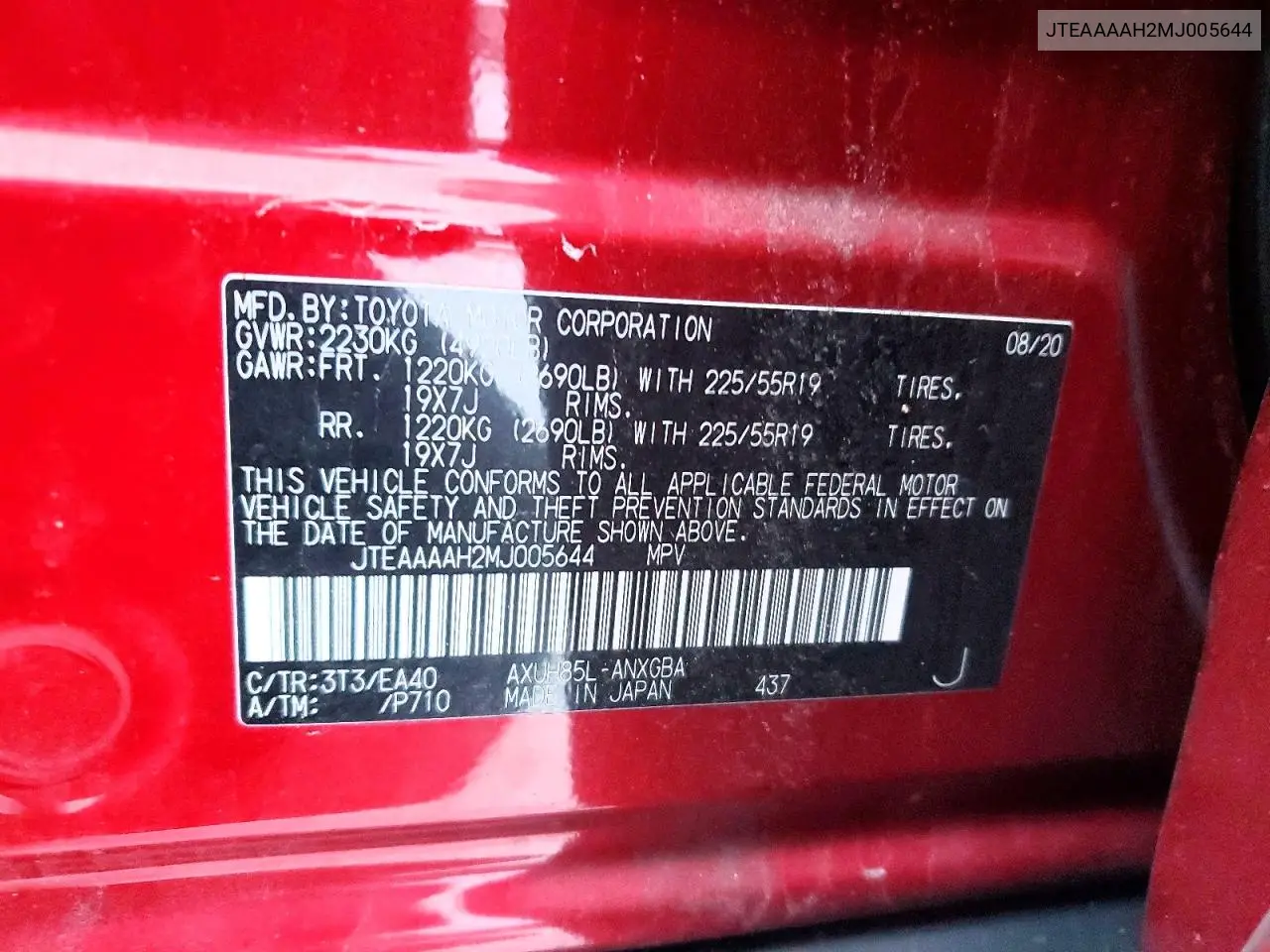 JTEAAAAH2MJ005644 2021 Toyota Venza Le