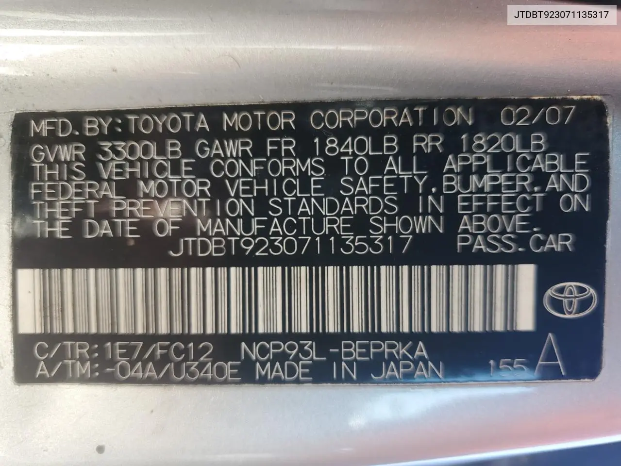 JTDBT923071135317 2007 Toyota Yaris