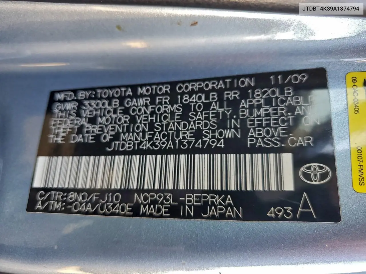JTDBT4K39A1374794 2010 Toyota Yaris