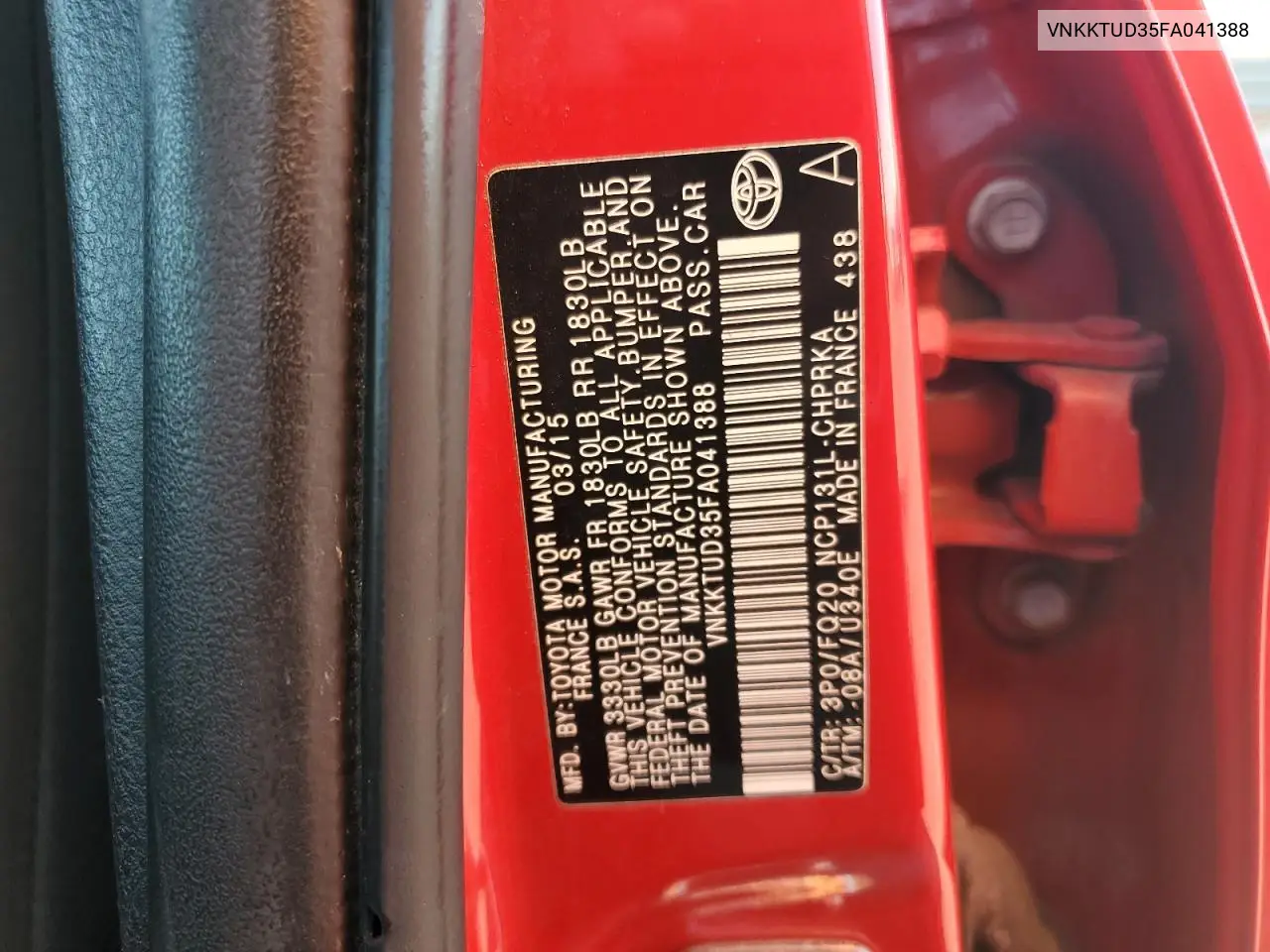 VNKKTUD35FA041388 2015 Toyota Yaris