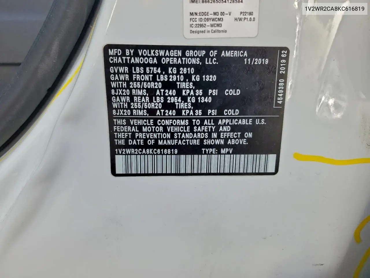 1V2WR2CA8KC616819 2019 Volkswagen Atlas Se