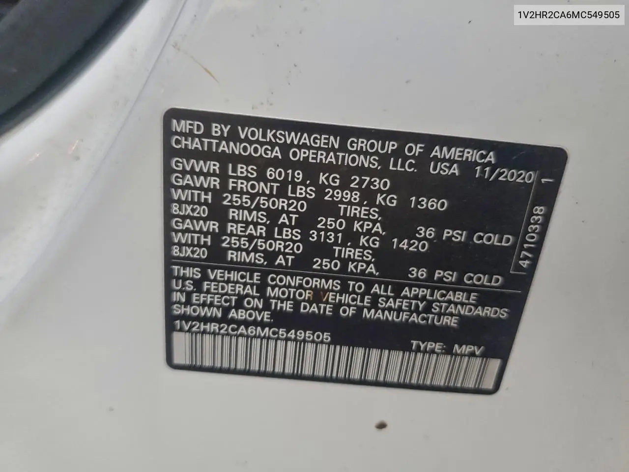 1V2HR2CA6MC549505 2021 Volkswagen Atlas Se