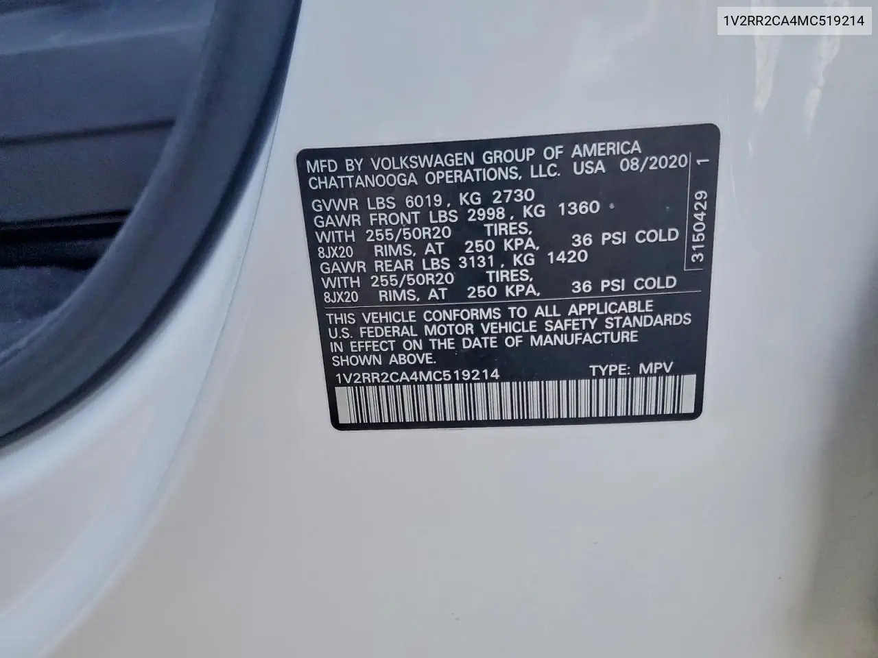 1V2RR2CA4MC519214 2021 Volkswagen Atlas Se