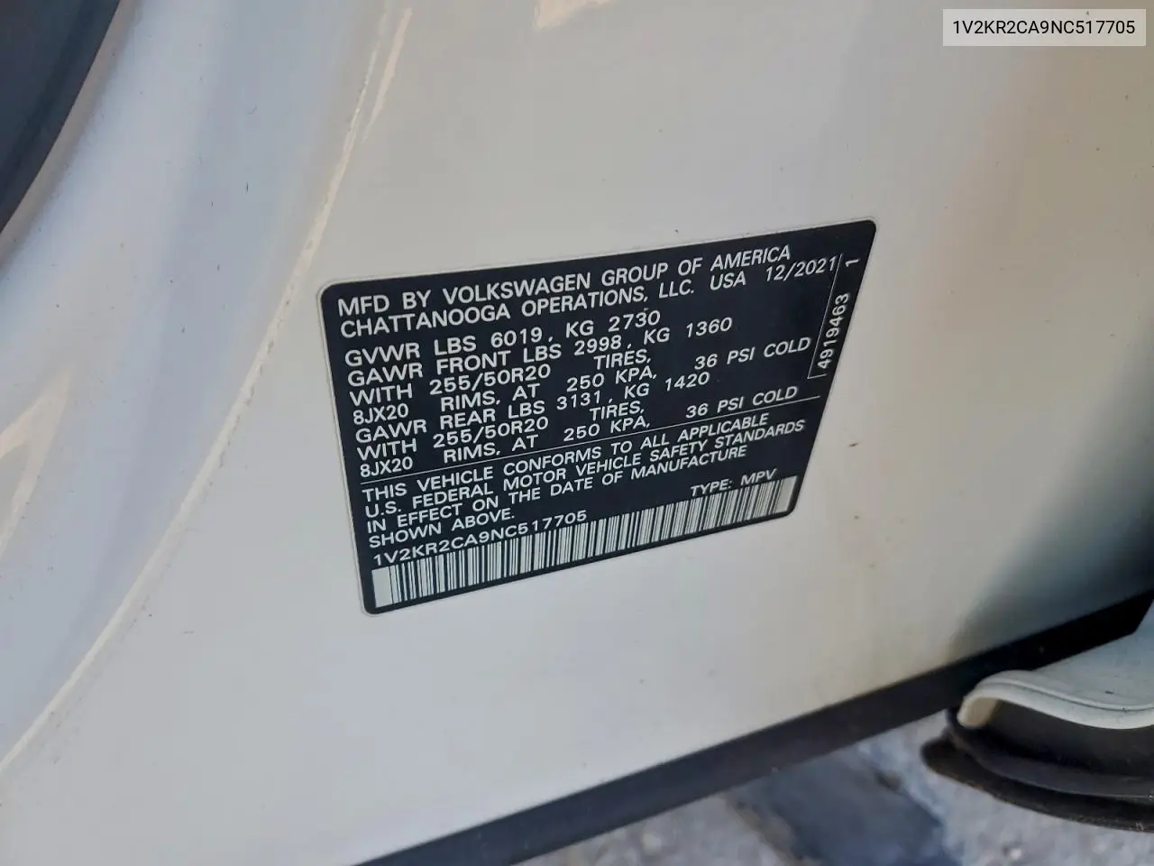 1V2KR2CA9NC517705 2022 Volkswagen Atlas Se