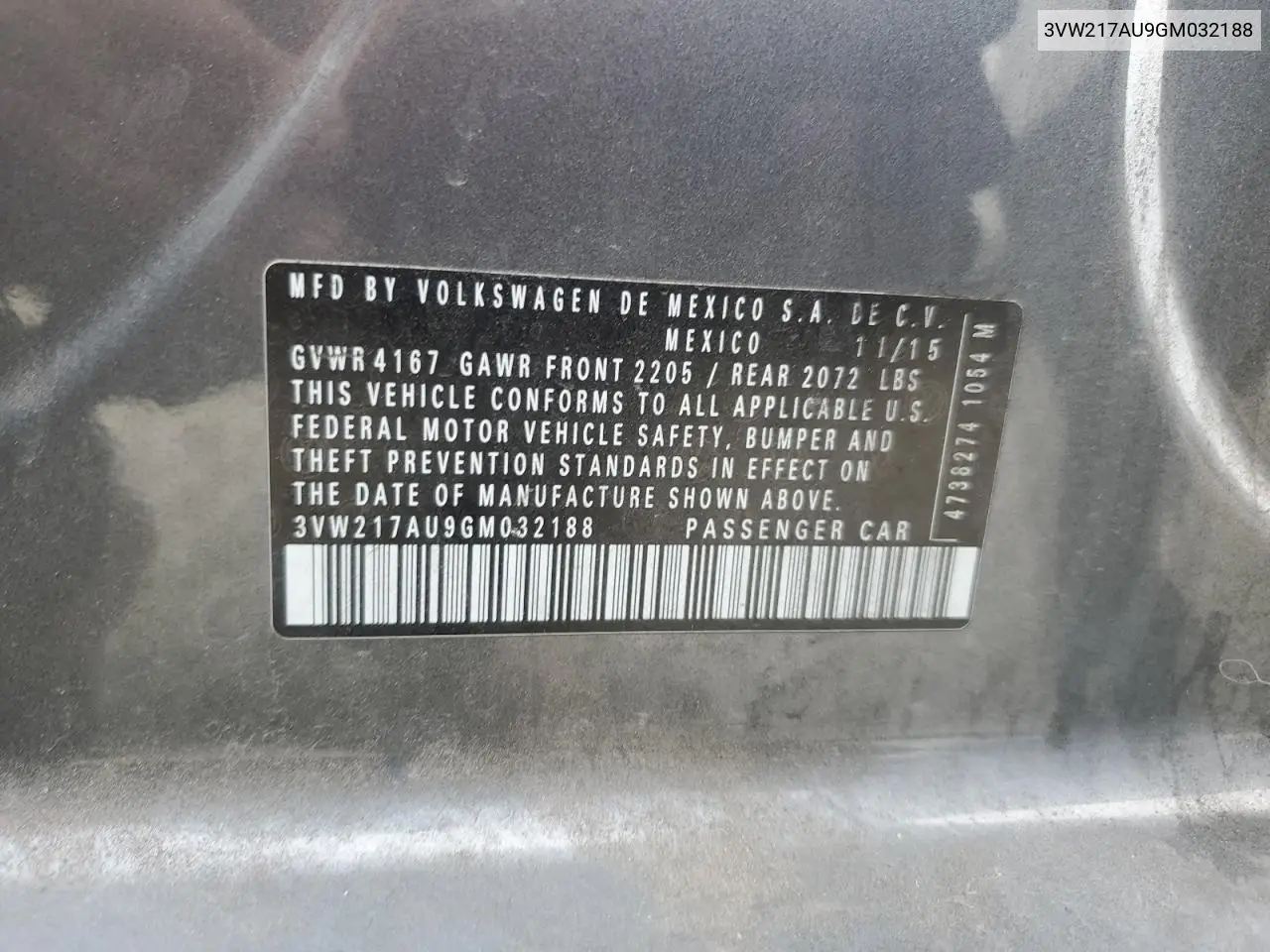 3VW217AU9GM032188 2016 Volkswagen Golf S/Se