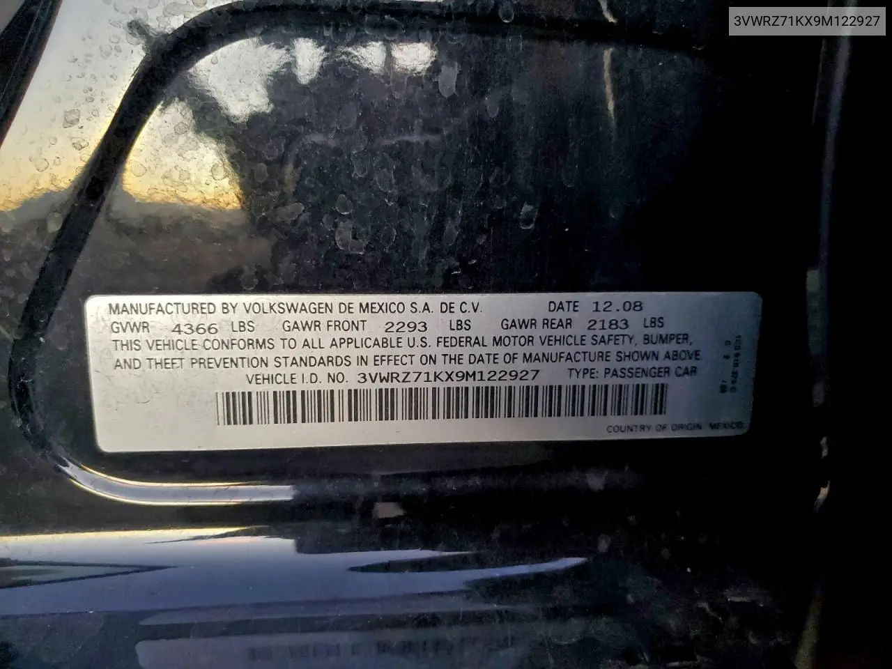 3VWRZ71KX9M122927 2009 Volkswagen Jetta Se