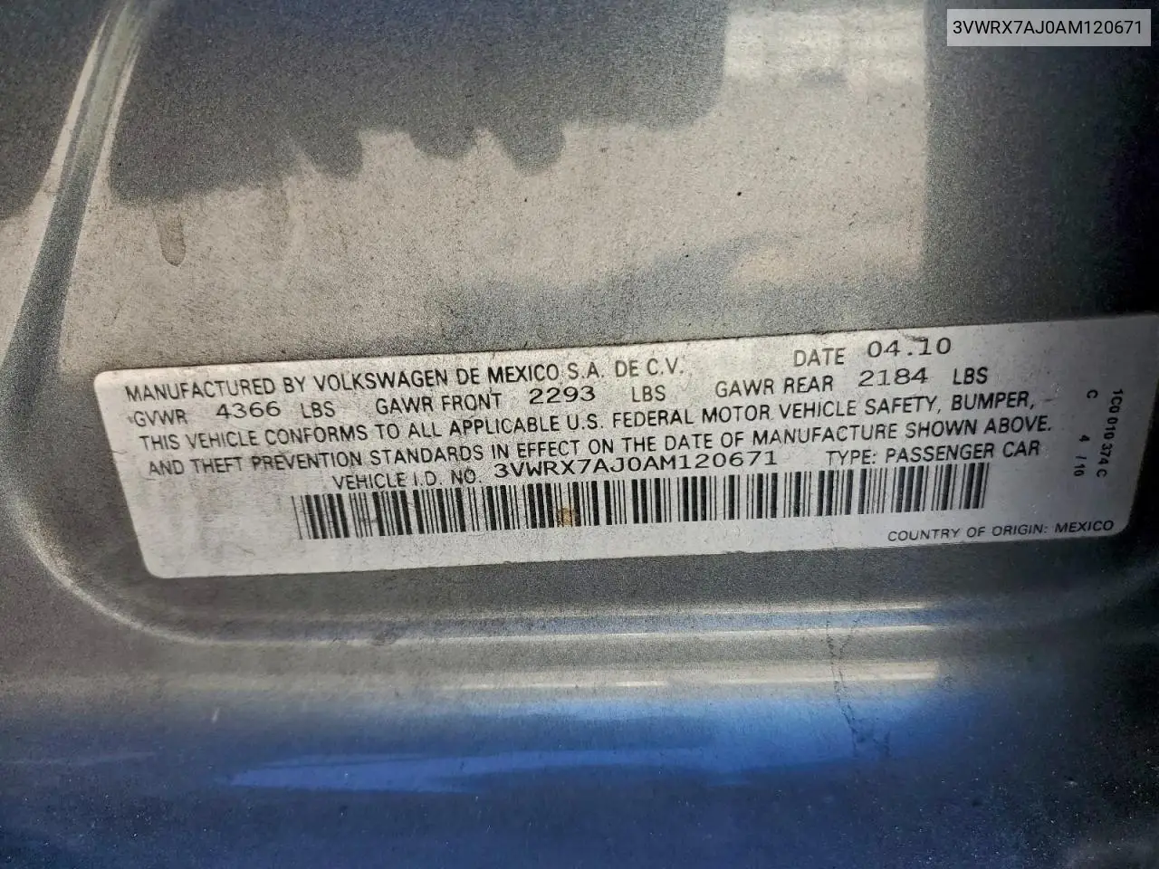 3VWRX7AJ0AM120671 2010 Volkswagen Jetta Se