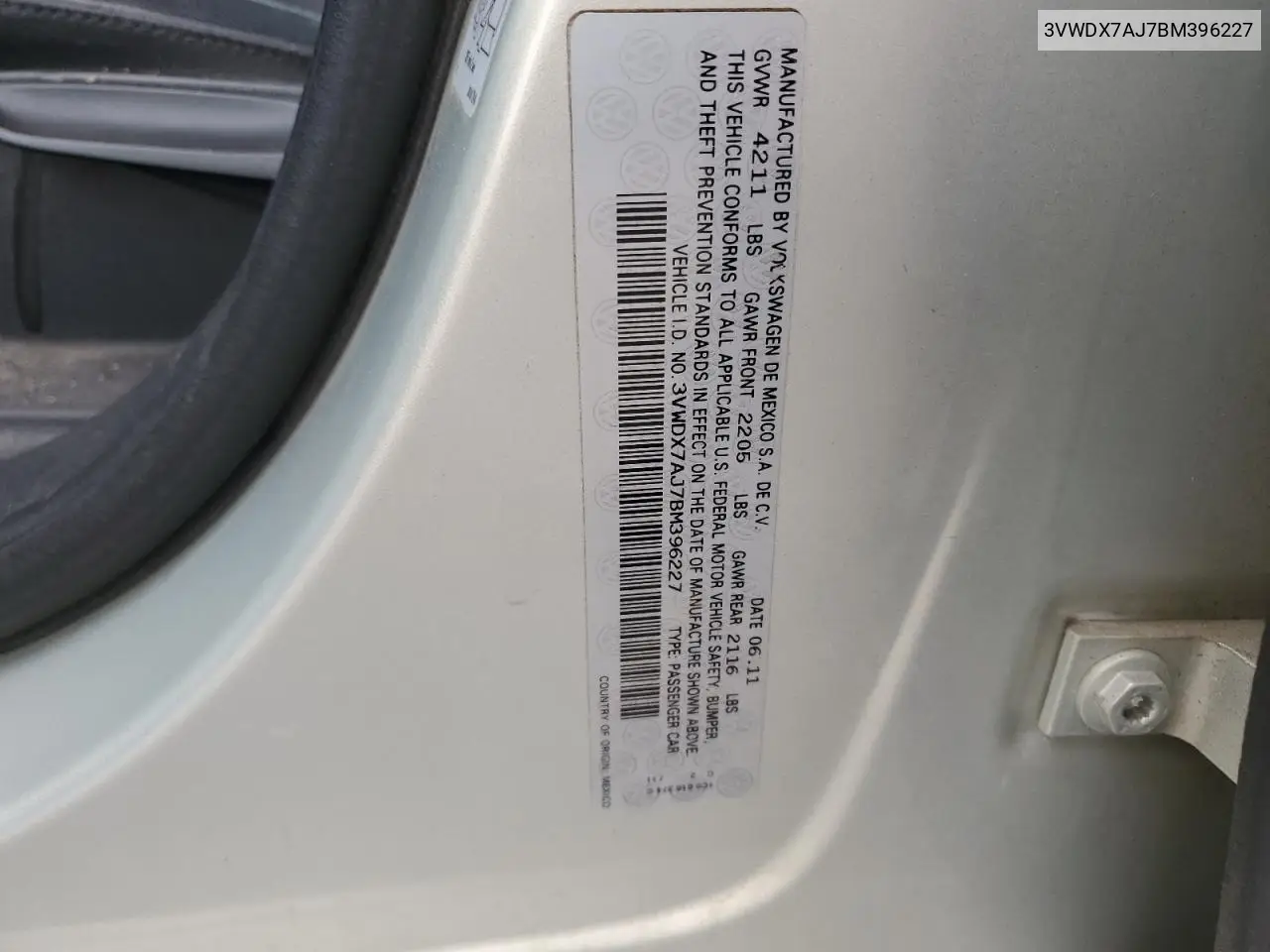 3VWDX7AJ7BM396227 2011 Volkswagen Jetta Se