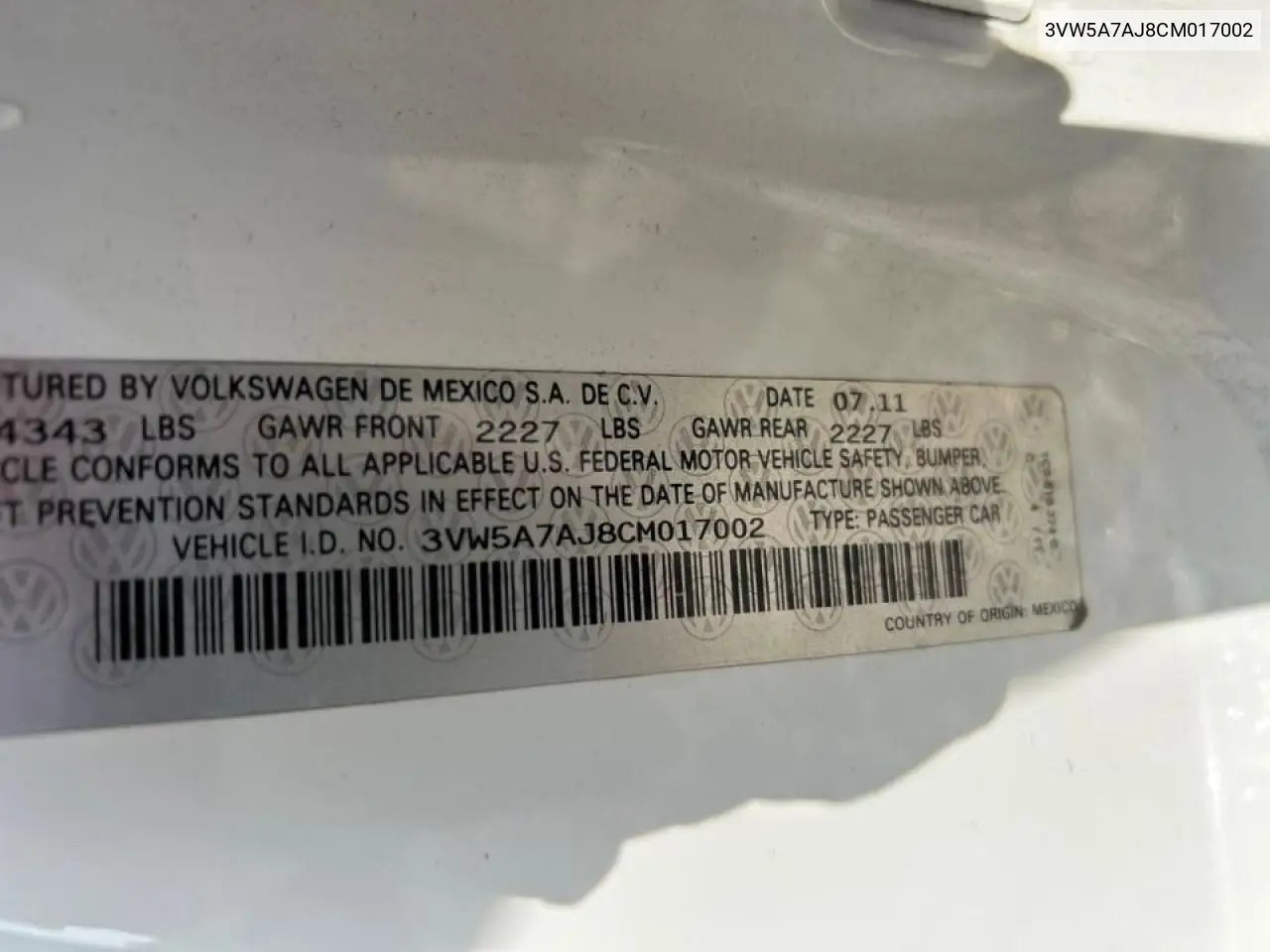 3VW5A7AJ8CM017002 2012 Volkswagen Jetta Gli