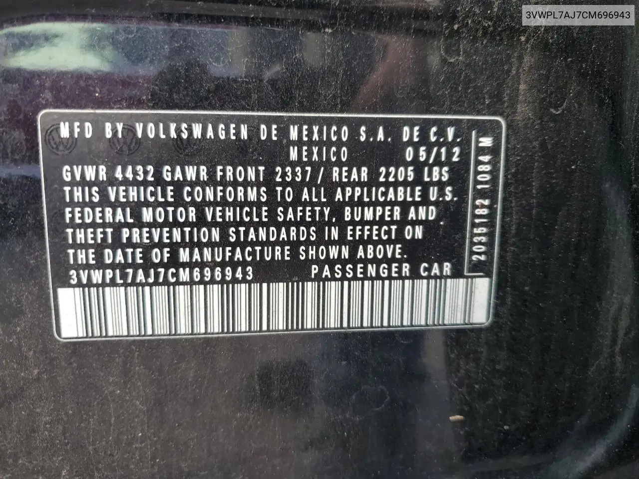 3VWPL7AJ7CM696943 2012 Volkswagen Jetta Tdi
