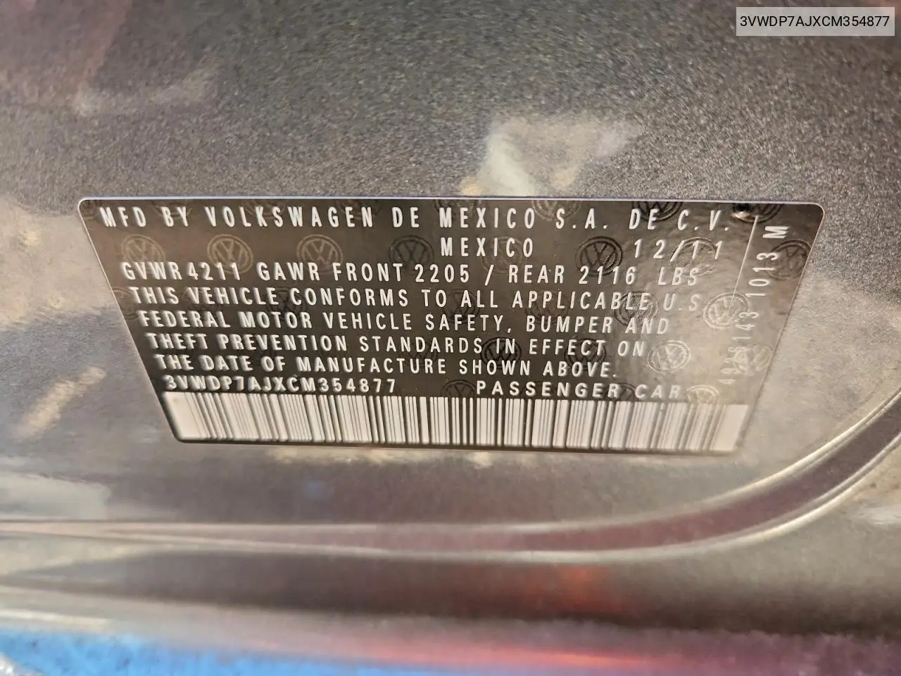 3VWDP7AJXCM354877 2012 Volkswagen Jetta Se