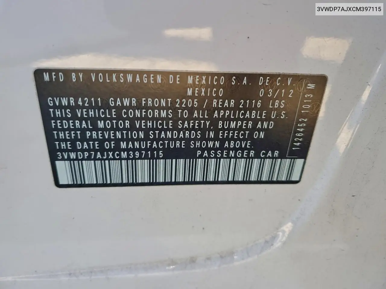 3VWDP7AJXCM397115 2012 Volkswagen Jetta Se