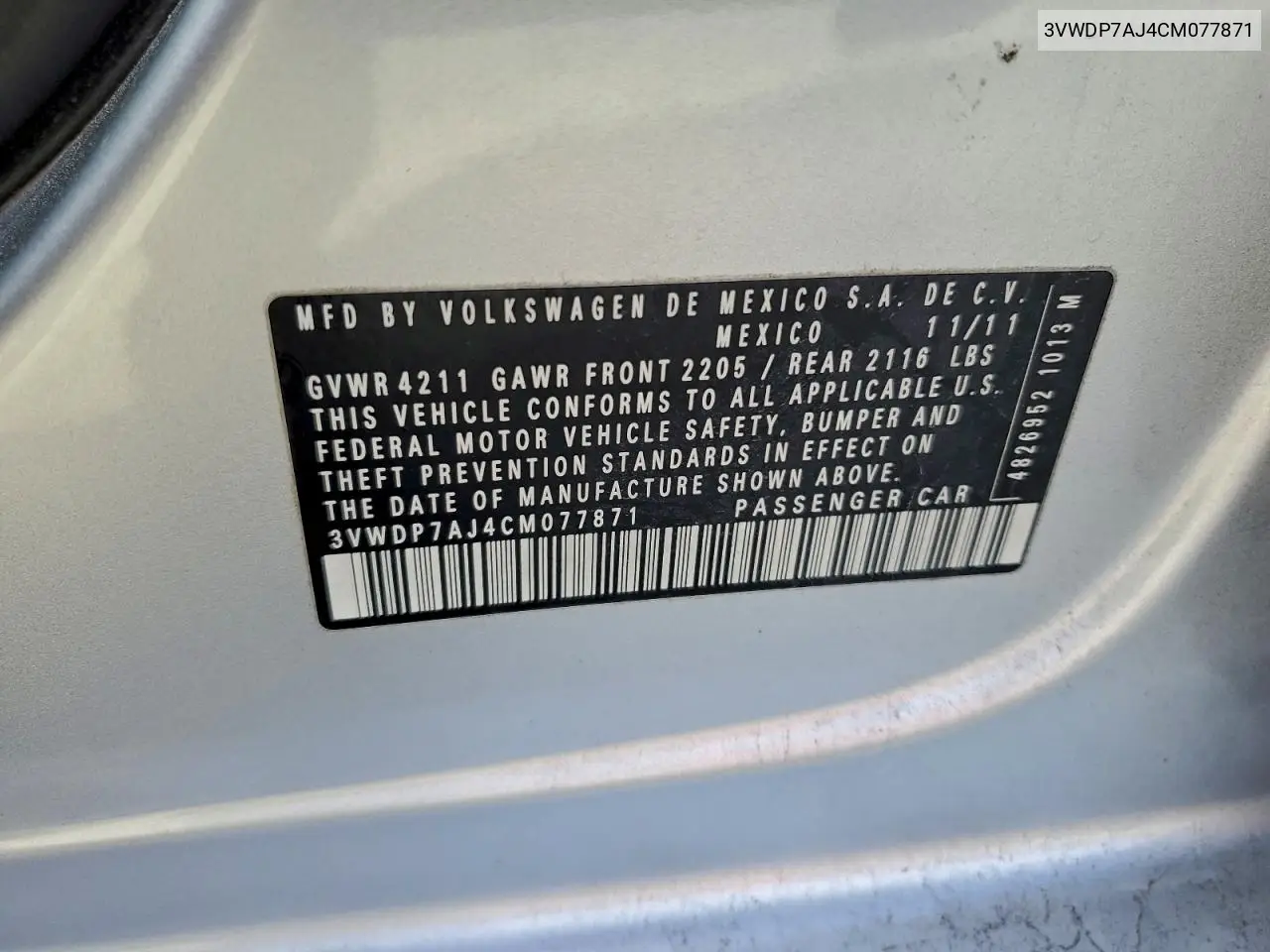 3VWDP7AJ4CM077871 2012 Volkswagen Jetta Se