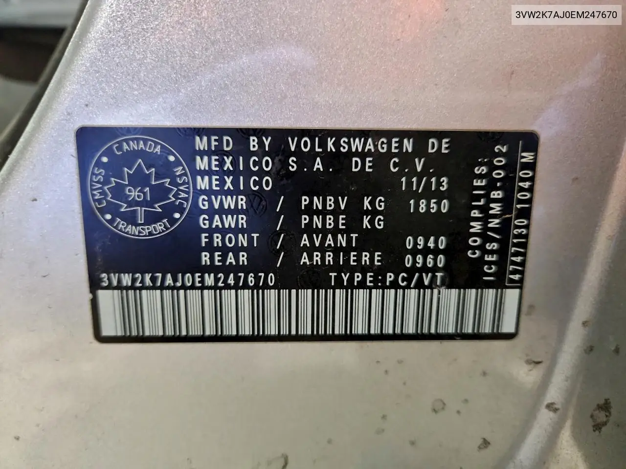 3VW2K7AJ0EM247670 2014 Volkswagen Jetta Base