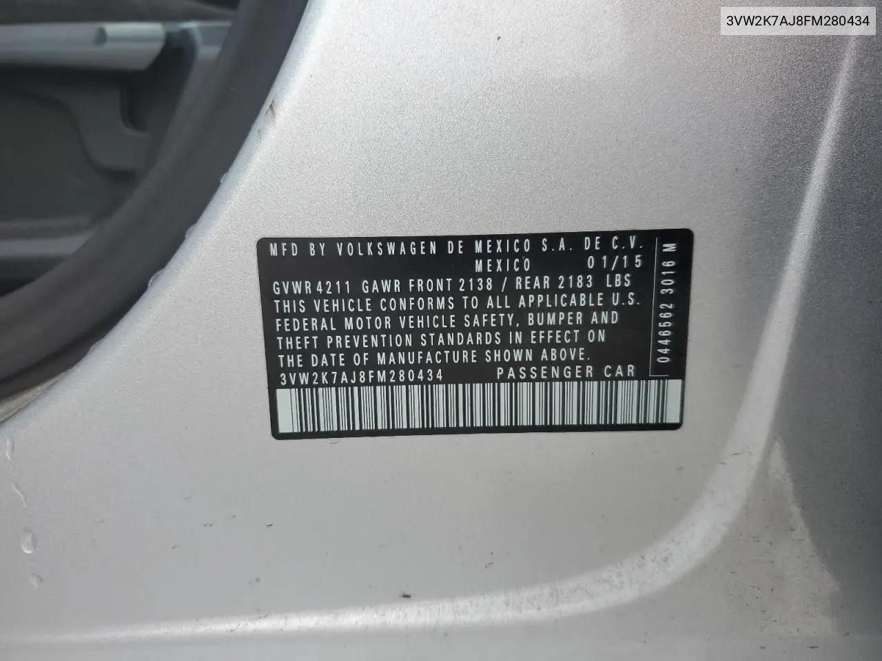 3VW2K7AJ8FM280434 2015 Volkswagen Jetta Base