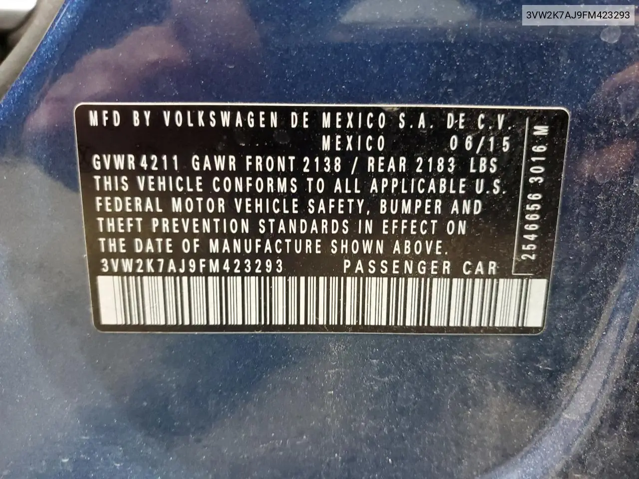 3VW2K7AJ9FM423293 2015 Volkswagen Jetta Base