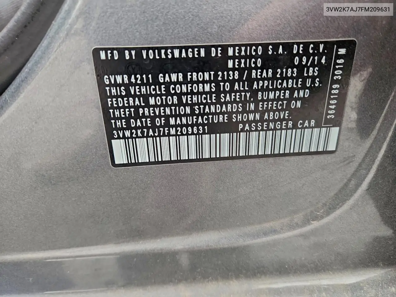 3VW2K7AJ7FM209631 2015 Volkswagen Jetta Base