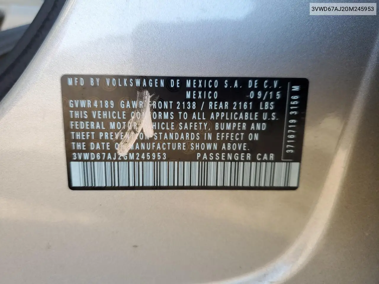 3VWD67AJ2GM245953 2016 Volkswagen Jetta Se