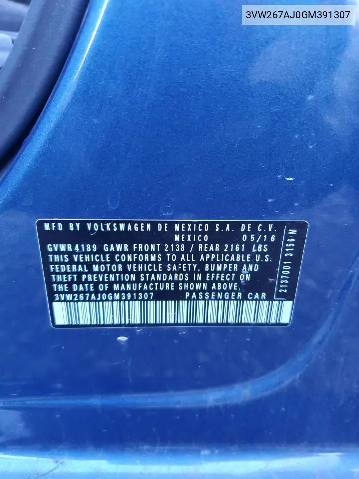 3VW267AJ0GM391307 2016 Volkswagen Jetta S