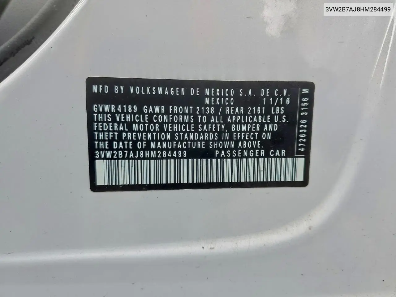 3VW2B7AJ8HM284499 2017 Volkswagen Jetta S
