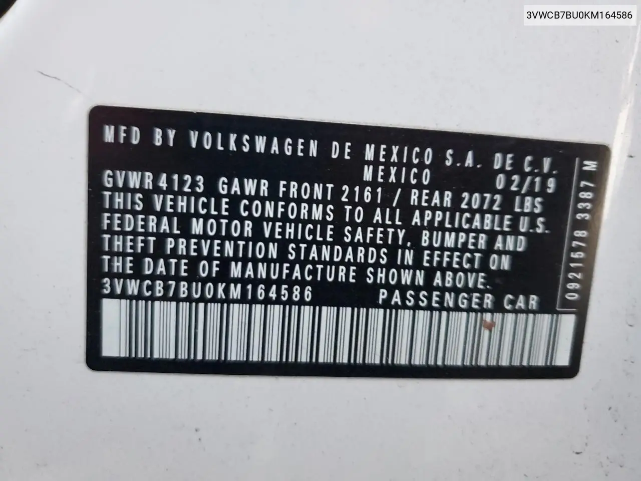 3VWCB7BU0KM164586 2019 Volkswagen Jetta S
