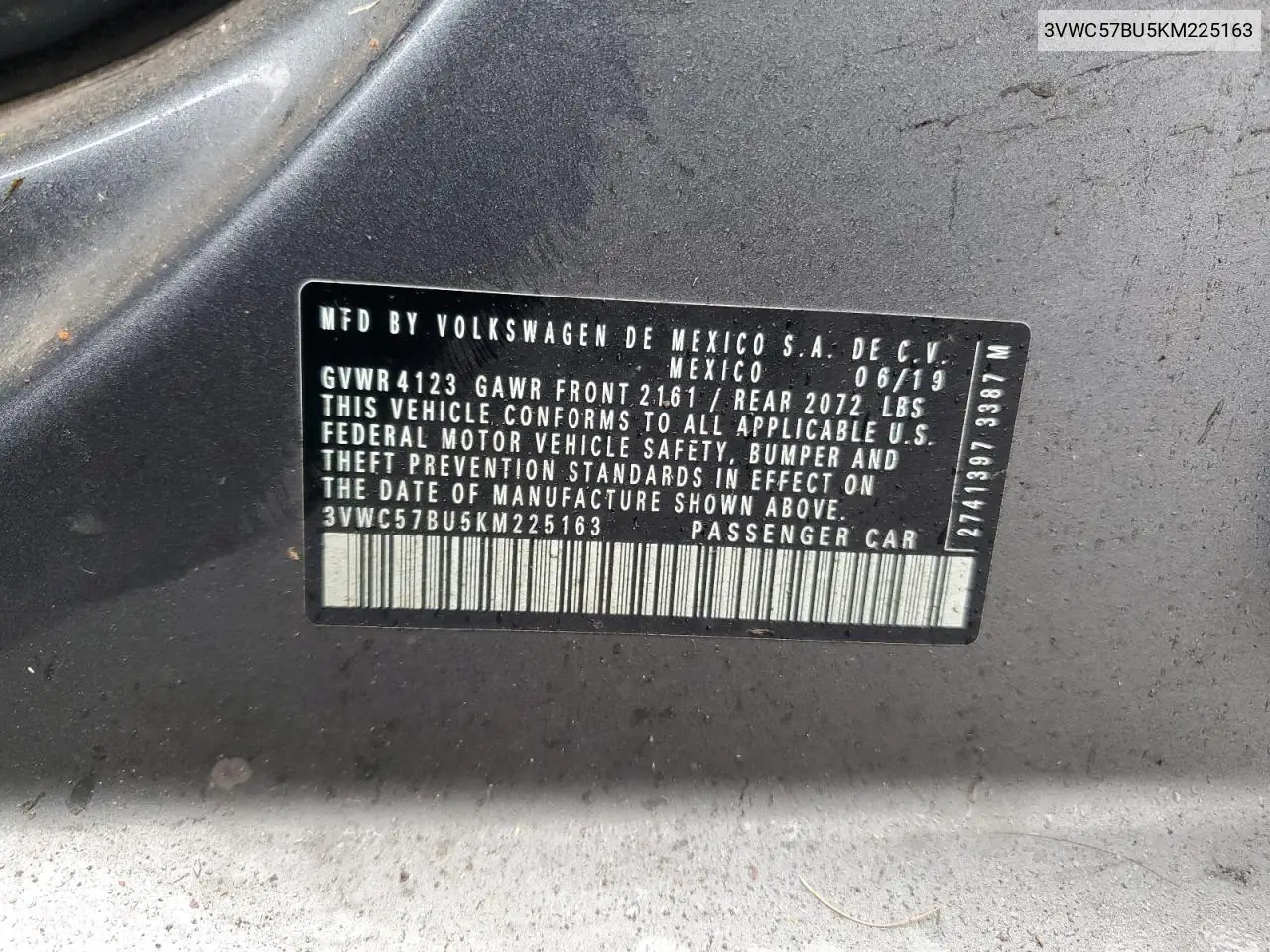 3VWC57BU5KM225163 2019 Volkswagen Jetta S